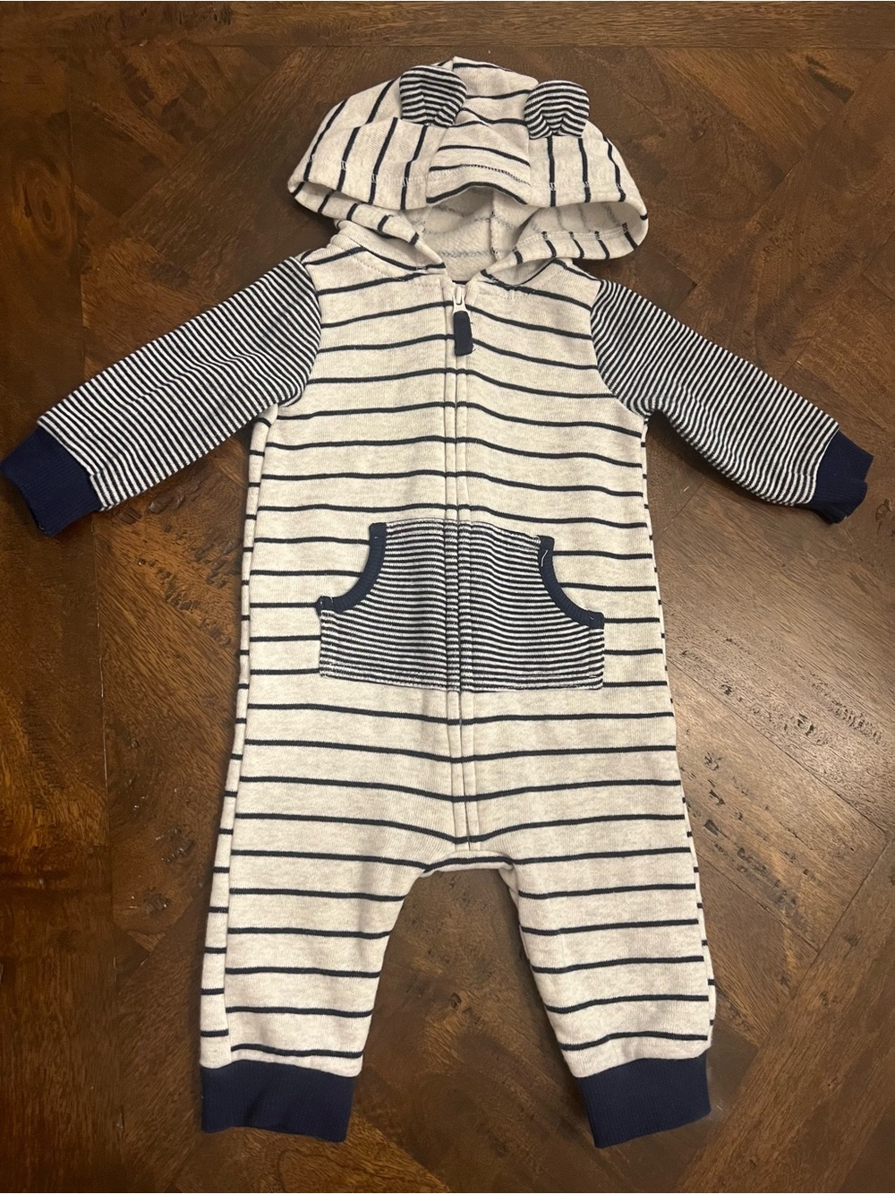 Hooded One-Piece Baby Romper - Striped Navy and Cream